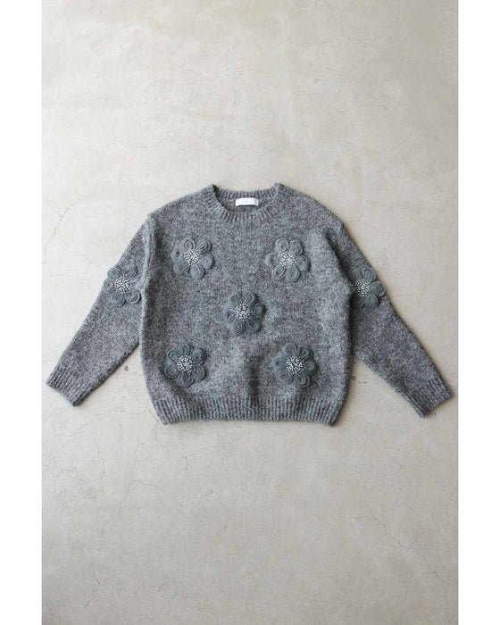 アップリケ風フラワーのニットプルオーバートップス
