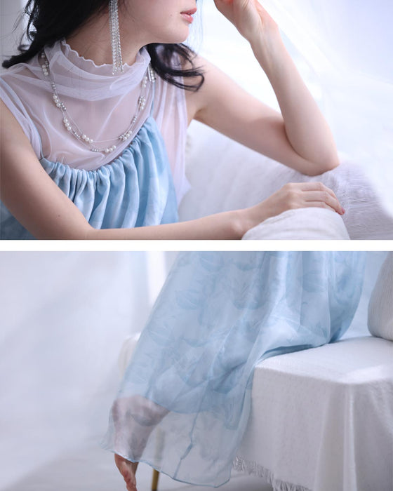 水面に揺れるリーフ柄のシフォンロングワンピース