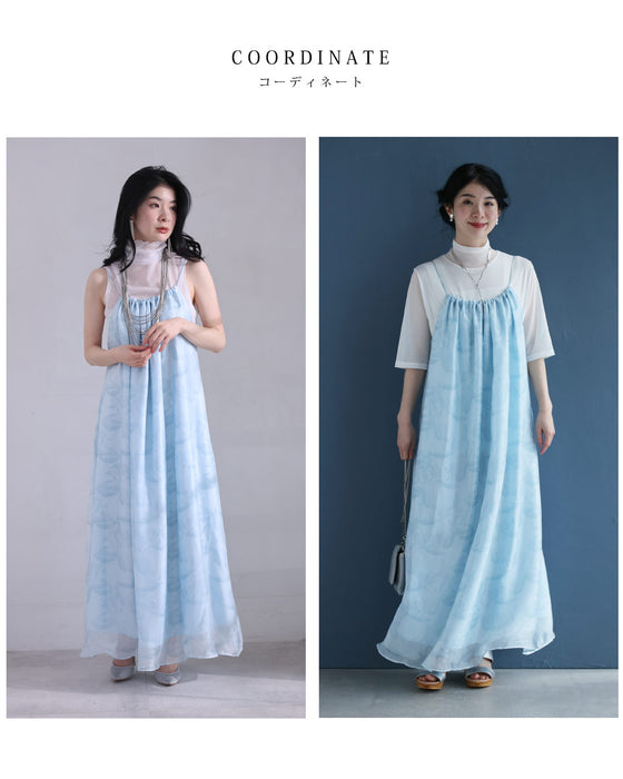 水面に揺れるリーフ柄のシフォンロングワンピース