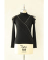 Ribbed knit cut-and-sew top with overlapping tulle ruffles and jewels