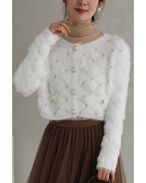 Fluffy short-length fur cardigan with sparkling jewels