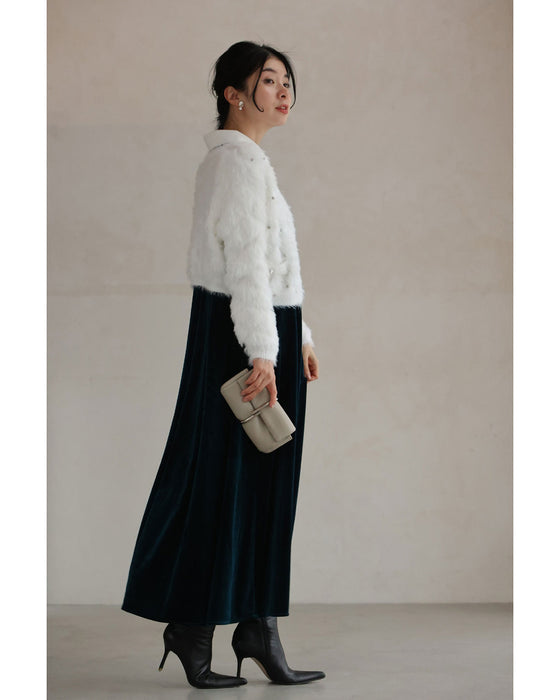Fluffy short-length fur cardigan with sparkling jewels