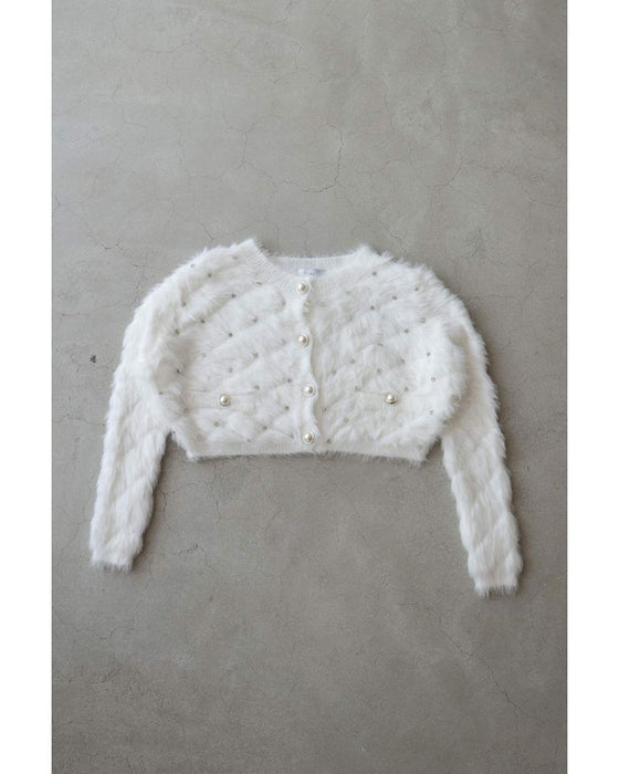 Fluffy short-length fur cardigan with sparkling jewels