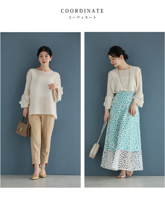 パール艶めく花びら袖のプリーツカットソートップス