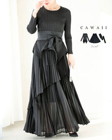  Pleated irregular hem top, skirt and sash belt 3-piece set [set]