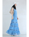 【アウトレット返品交換不可】連なるダイヤカットレースのブルーロングワンピース（リボンベルト付き）