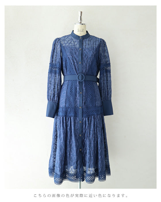 全面に咲く花刺繍のベールロングワンピース(ベルト付き)