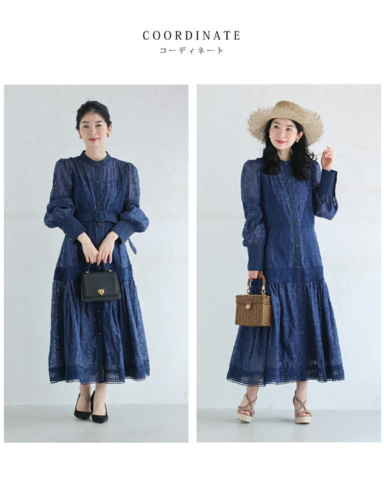 全面に咲く花刺繍のベールロングワンピース(ベルト付き)