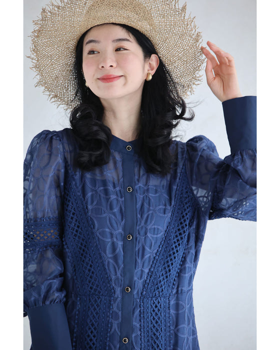 全面に咲く花刺繍のベールロングワンピース(ベルト付き)