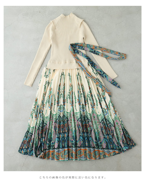 オリエンタルな柄が広がるドッキングプリーツミディアムワンピース(リボン付き)