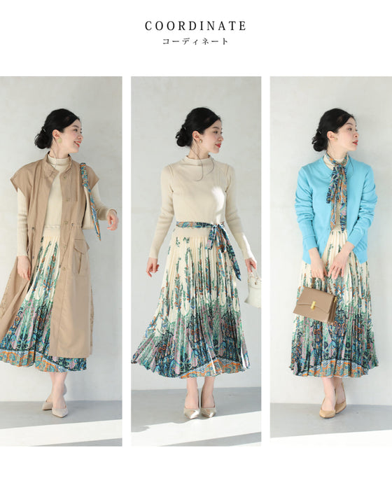 オリエンタルな柄が広がるドッキングプリーツミディアムワンピース(リボン付き)