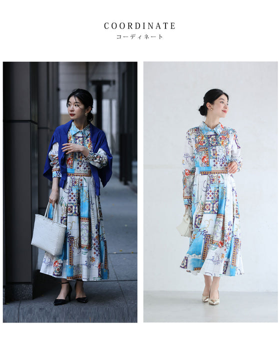 軽やかに風感じるスカーフ柄タックミディアムワンピース