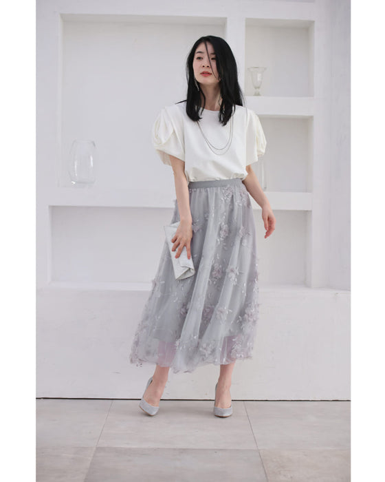 花びら浮かぶふんわり2重チュールミディアムスカート