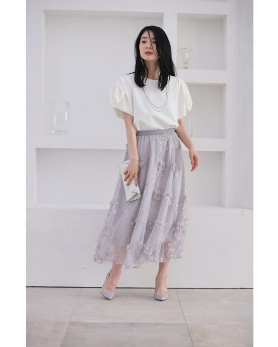 花びら浮かぶふんわり2重チュールミディアムスカート