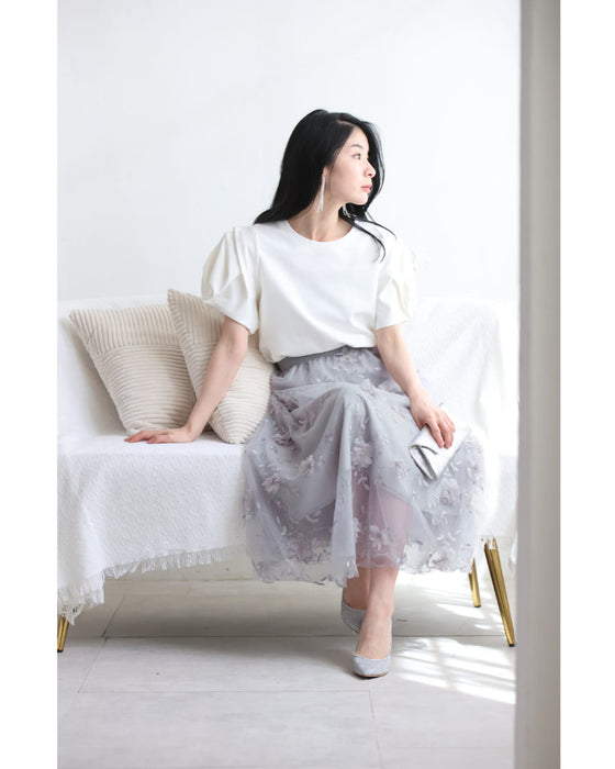 花びら浮かぶふんわり2重チュールミディアムスカート