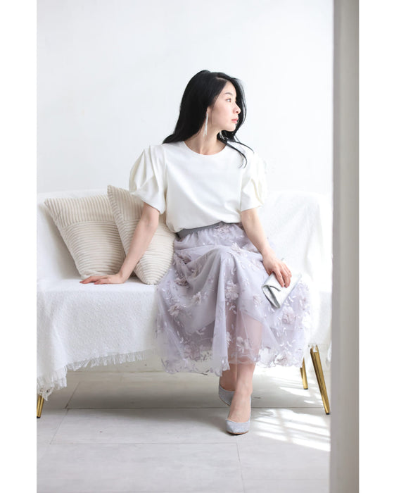 花びら浮かぶふんわり2重チュールミディアムスカート