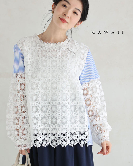 シャツとステンドグラスレースのドッキングブラウス