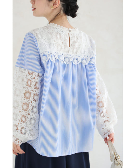 シャツとステンドグラスレースのドッキングブラウス