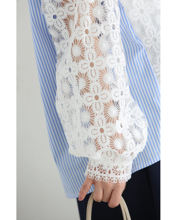 シャツとステンドグラスレースのドッキングブラウス