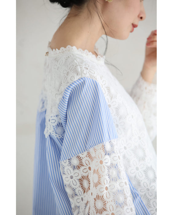 シャツとステンドグラスレースのドッキングブラウス