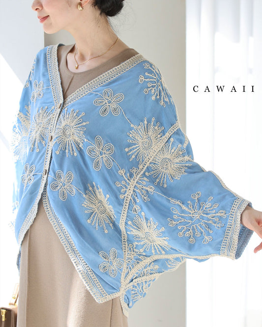 脚長見えXラインの花刺繍ドルマンボレロカーディガン