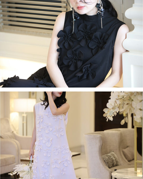 ひらひら花コサージュのストレッチ素材ロングワンピース