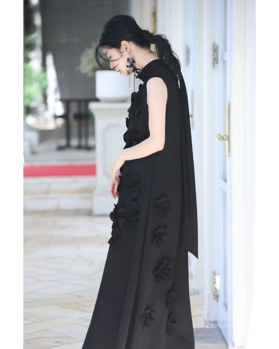 ひらひら花コサージュのストレッチ素材ロングワンピース