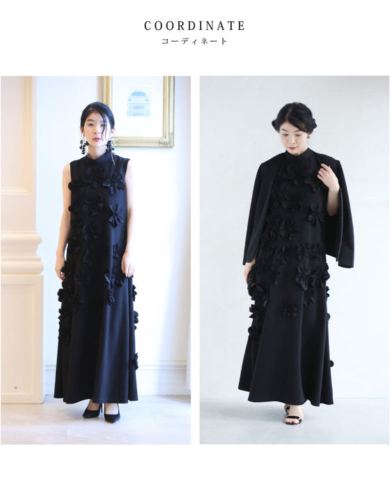 ひらひら花コサージュのストレッチ素材ロングワンピース