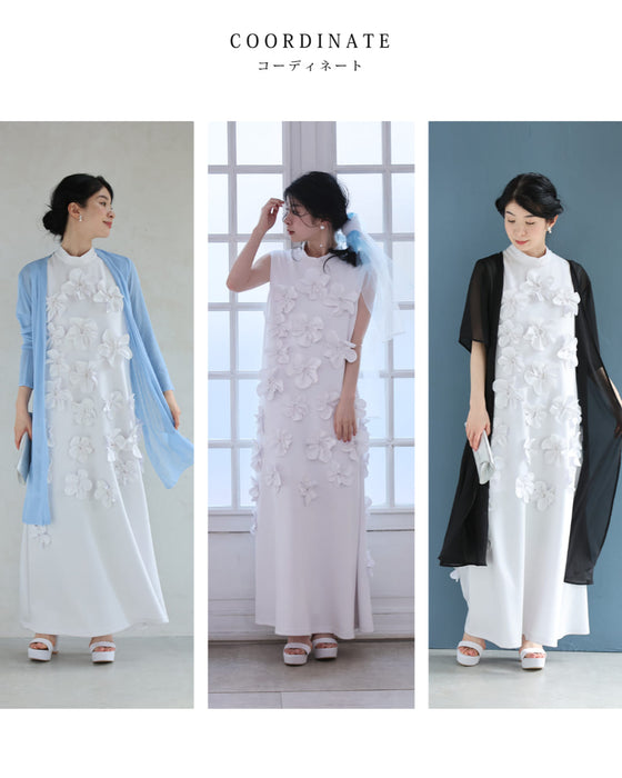 ひらひら花コサージュのストレッチ素材ロングワンピース