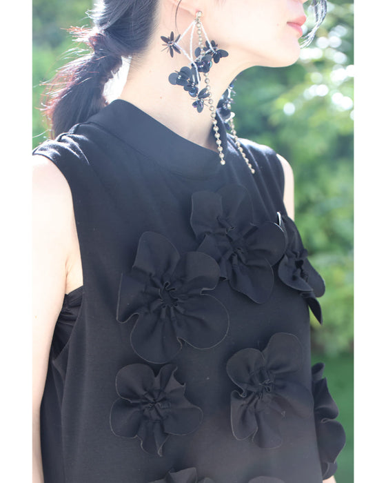 ひらひら花コサージュのストレッチ素材ロングワンピース