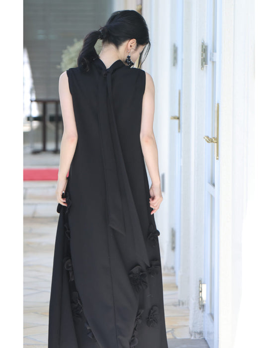ひらひら花コサージュのストレッチ素材ロングワンピース