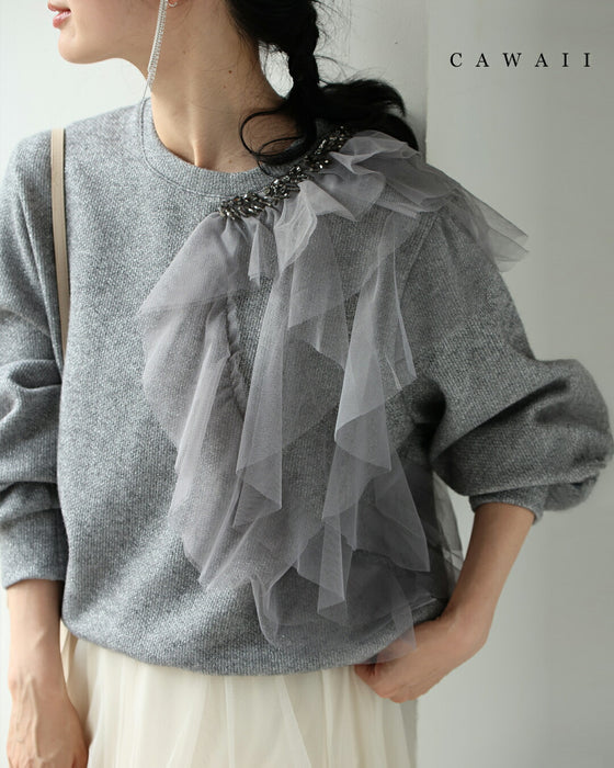 【予約商品】アシンメトリーなチュールを飾るラメニットプルオーバートップス