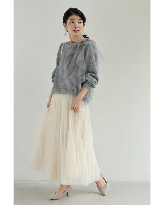 【予約商品】アシンメトリーなチュールを飾るラメニットプルオーバートップス
