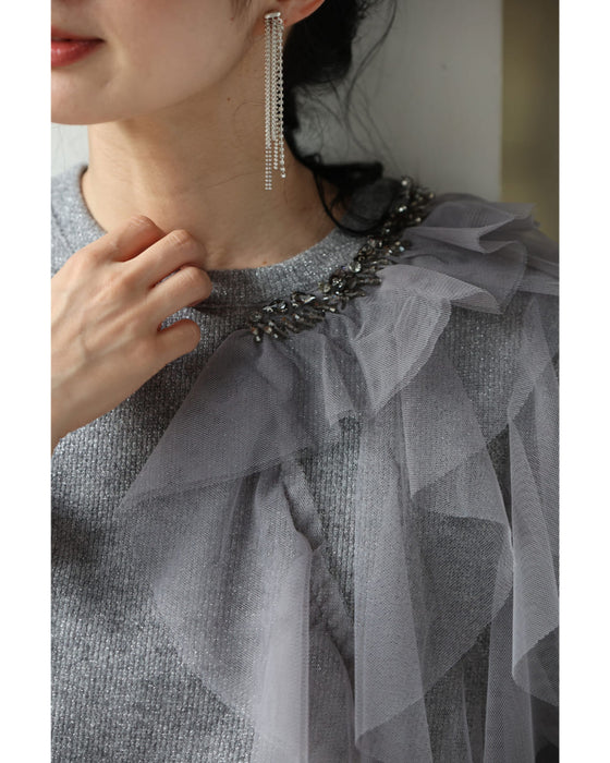 【予約商品】アシンメトリーなチュールを飾るラメニットプルオーバートップス