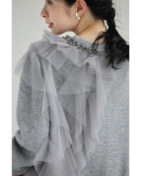 【予約商品】アシンメトリーなチュールを飾るラメニットプルオーバートップス