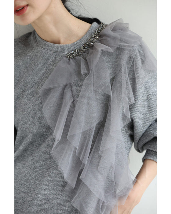【予約商品】アシンメトリーなチュールを飾るラメニットプルオーバートップス