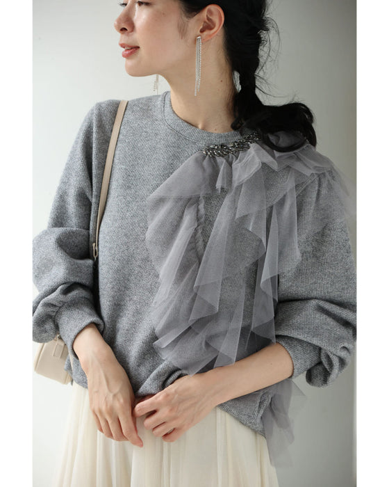 【予約商品】アシンメトリーなチュールを飾るラメニットプルオーバートップス