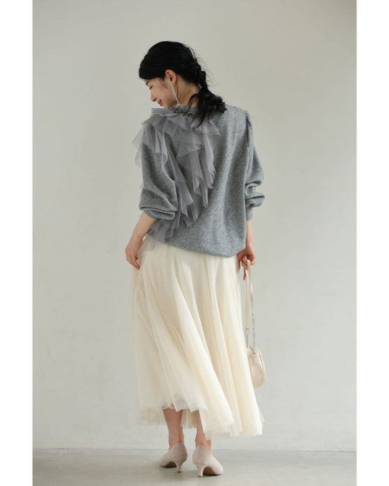 【予約商品】アシンメトリーなチュールを飾るラメニットプルオーバートップス