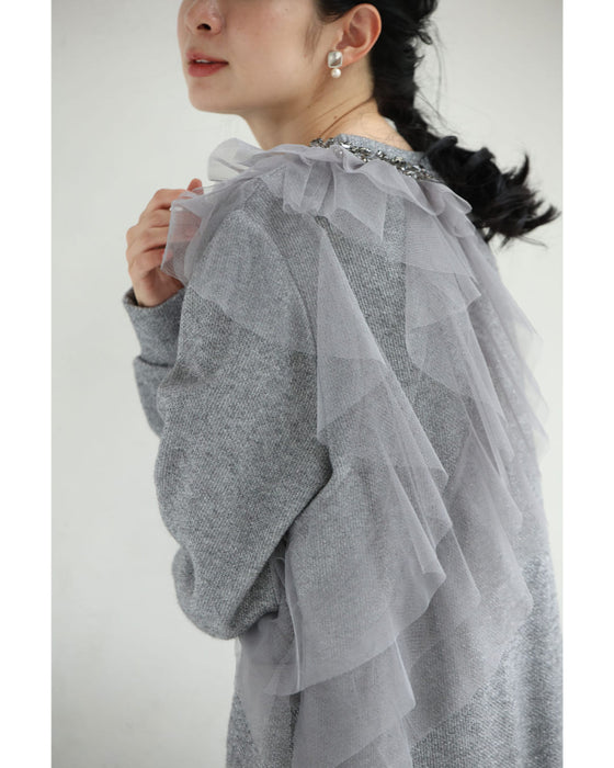 【予約商品】アシンメトリーなチュールを飾るラメニットプルオーバートップス