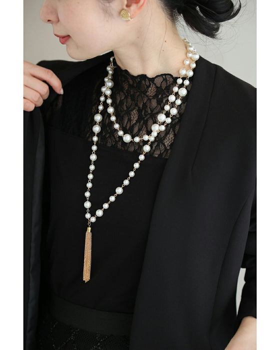 チェーンフリンジ揺れる2連パールネックレス