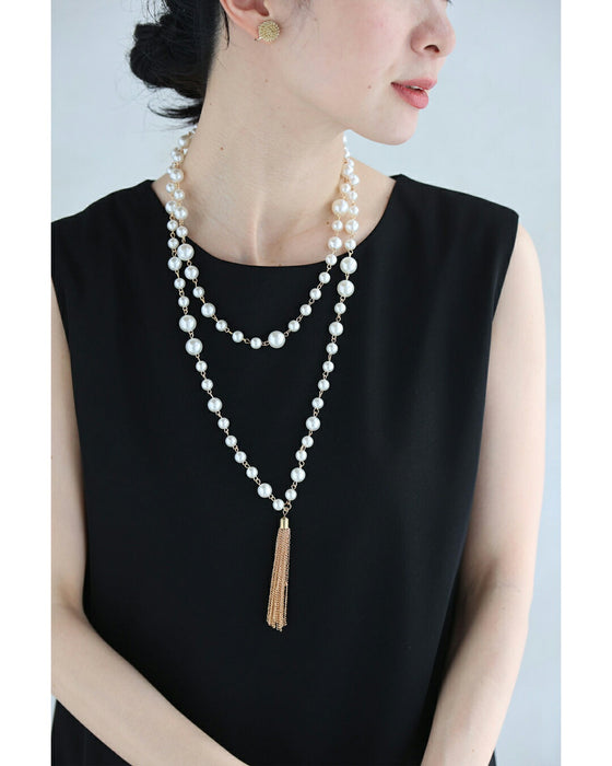 チェーンフリンジ揺れる2連パールネックレス