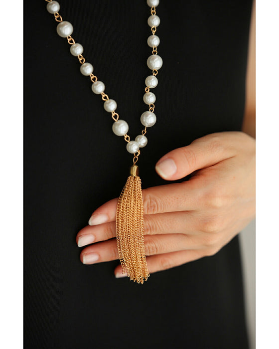 チェーンフリンジ揺れる2連パールネックレス