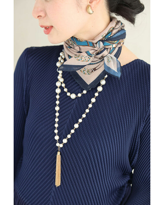 チェーンフリンジ揺れる2連パールネックレス