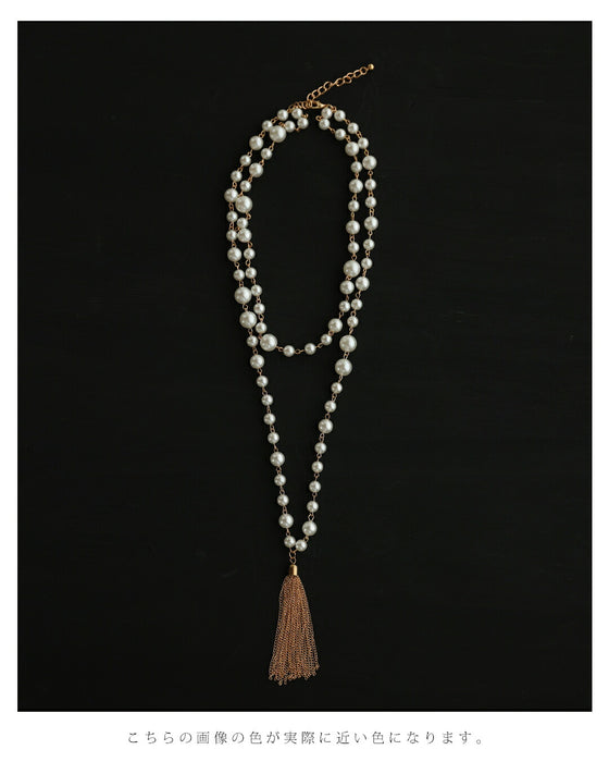 チェーンフリンジ揺れる2連パールネックレス