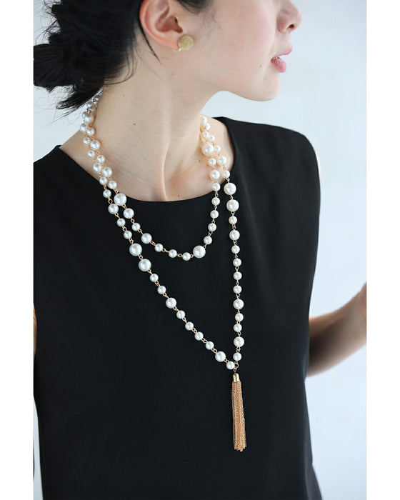 チェーンフリンジ揺れる2連パールネックレス