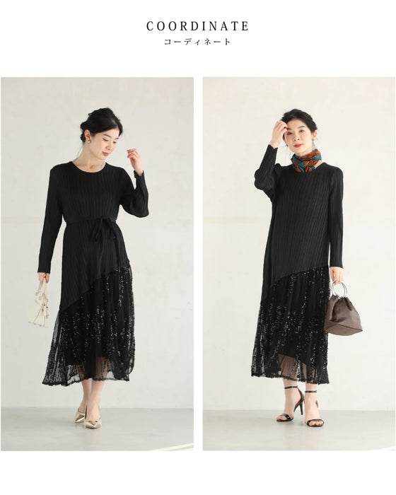 華やかなスパンコール煌めく切り替えプリーツワンピース(リボン付き)