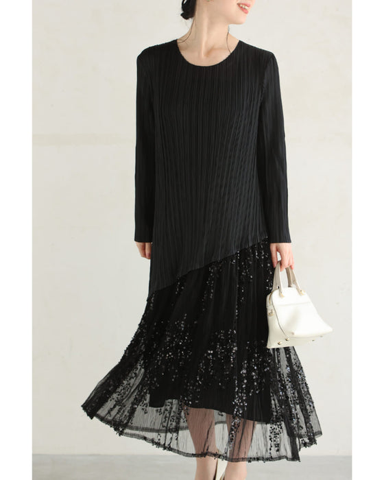 華やかなスパンコール煌めく切り替えプリーツワンピース(リボン付き)