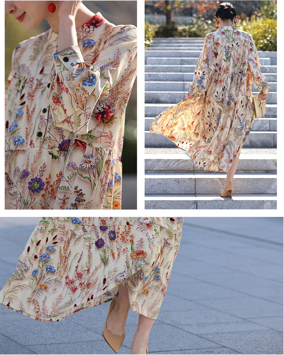 季節を彩る花集めティアードロングワンピース(紐リボン付き)