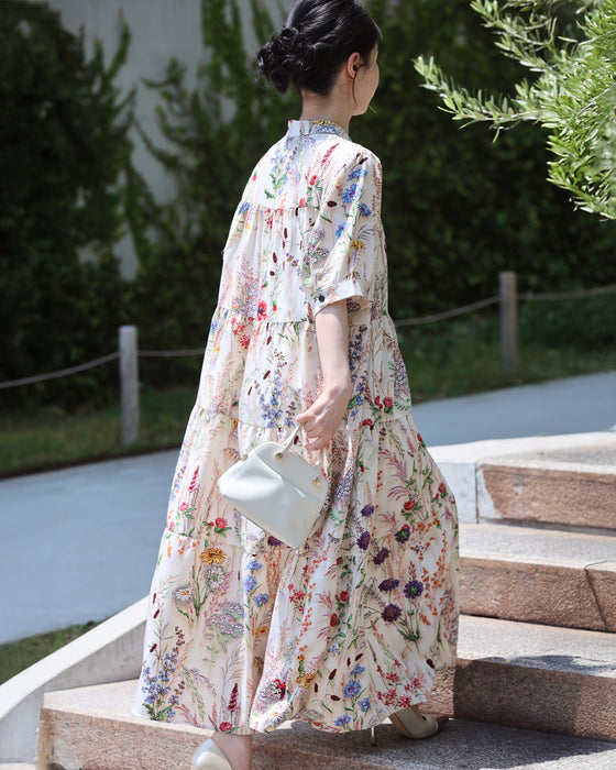 季節を彩る花集めティアードロングワンピース(紐リボン付き)