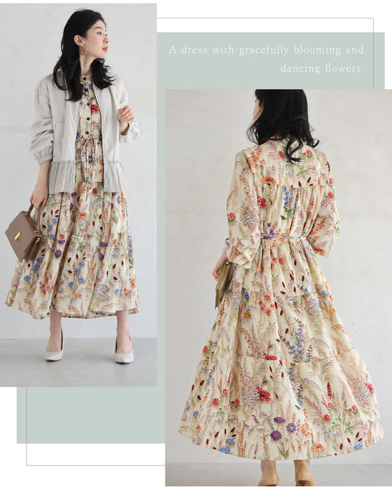 季節を彩る花集めティアードロングワンピース(紐リボン付き)